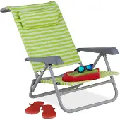 Relaxdays Liegestuhl klappbar, 8-stufig verstellbar, Strandstuhl mit Nackenkissen, Armlehnen & Flaschenöffner, grün/weiß