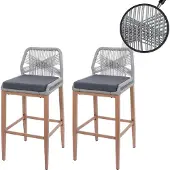 Mendler 2er-Set Rope-Barhocker MCW-O21, Outdoor Sitzpolster Seilgeflecht Metall Holz-Optik hellgrau, Kissen dunkelgrau