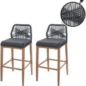 MCW 2er-Set Rope-Barhocker MCW-O21, Outdoor Sitzpolster Seilgeflecht Metall Holz-Optik anthrazit, Kissen dunkelgrau