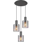 Globo Hängeleuchte Metall grau dunkel, Glas rauchfarben, Kabel Textil schwarz, Höhe kürzbar, Gläser mit Rillen, ø: 480mm, H: 1500mm, exkl. 3x E27 40W 230V