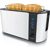 Arendo Toaster 4 Scheiben, Langschlitztoaster, Langschlitz, Edelstahl, 1500W, Display mit Restzeitanzeige, Brötchenaufsatz, Defrost Funktion, Wärmeisolierendes Gehäuse, Weiß
