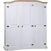 Syfax Kleiderschrank, Massivholz Kiefer, 3 Türen, 151x52x170 cm, Weiß mit brauner Oberplatte, mexikanischer Corona-Stil
