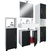 VCM 4-tlg. Badmöbelset | Badmöbel | Set aus Unterschrank, Midischrank, Hochschrank und Spiegel | Badezimmermöbel – Flandu II
