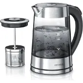 Arendo Edelstahl Glas Wasserkocher mit Teesieb und Rauchglas Teekocher Infusion 1,7 Liter