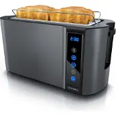 Arendo Langschlitz Toaster mit 2 Röstkammern und Brötchenaufsatz, Wärmeisoliertes Gehäuse, Display, Touch, Grau