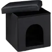 Relaxdays Hundebox Sitzhocker, HBT:38x38x38cm, stabiler Sitzcube mit Tierhöhle für Hunde/Katzen, Kunstleder, schwarz