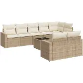vidaXL 9-tlg. Garten-Sofagarnitur mit Kissen Beige Poly Rattan