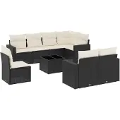 vidaXL 9-tlg. Garten-Sofagarnitur mit Kissen Schwarz Poly Rattan