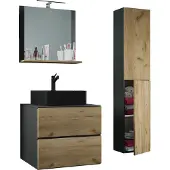 VCM 4-tlg. Waschplatz Waschtisch | schwarzes Waschbecken Unterschrank Breite 60 cm | Badmöbel Set mit Schubladen Drehtüren Spiegel | Lendas S BL