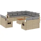 vidaXL 12-tlg. Garten-Sofagarnitur mit Kissen Beige Poly Rattan