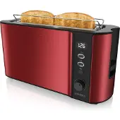 Arendo Toaster 2 Scheiben, Langschlitztoaster, Langschlitz, Edelstahl, 1000W, Display mit Restzeitanzeige, Brötchenaufsatz, Defrost Funktion, Wärmeisolierendes Gehäuse, rot