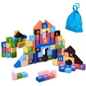 Relaxdays Bausteine, 108-tlg. Bauklötze Set mit Tasche, Buchstaben, Zahlen, Holzbausteine für Kinder ab 3 Jahren, bunt