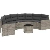 vidaXL Gartensofa mit Tisch und Kissen Halbrund Grau Poly Rattan