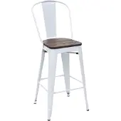 MCW Barhocker MCW-A73 inkl. Holz-Sitzfläche, Barstuhl Tresenhocker mit Lehne, Metall Industriedesign weiß