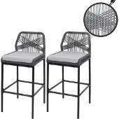 Mendler 2er-Set Rope-Barhocker HWC-O21, Outdoor Sitzpolster Seilgeflecht Metall anthrazit, Kissen hellgrau