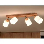 Meine Wunschleuchte LED Deckenstrahler Holz Natur schwenkbare Lampenschirme Glas Weiß, Breite 60cm