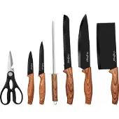 Cheffinger , 7-teiliges Messerset mit Griffen in Holzoptik und Halterung, Schwarz