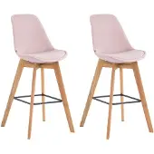 CLP 2er Set Barhocker Metz Samt mit Rückenlehnen und Fußstütze | Farbe pink Gestell Farbe natur