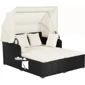 Costway Polyrattan Sonnenliege mit einziehbarem Baldachin, 2-Personen Gartenliege mit klappbaren Tablett, Sitzkissen & Rückenkissen, Gartenlounge