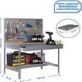 Simonwork (bancos De Trabajo) PROREGAL Werkbank BUFFALO mit Werkzeugwand und Schubfach | HxBxT 84x120x61cm | Traglast 600kg | Verzinkt