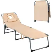 Costway Sonnenliege mit Kopfstütze, klappbarer Liegestuhl, Strandliege mit 5 verstellbaren Rückenlehne 194 x 60 x 36 cm Beige