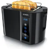 Arendo Toaster 2 Scheiben, Edelstahl, 800W, Touch-Bedienung, Display mit Restzeitanzeige, Brötchenaufsatz, Auftaufunktion, Wärmeisolierendes Gehäuse, schwarz