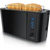 Arendo Toaster Langschlitz Edelstahl 4 Scheiben, Brötchenaufsatz, Display mit Restzeitanzeige, Doppelwand