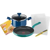 Tefal Chefclub By Pasta La Vista Kochgeschirr-Set | G804S4 | Pfanne 28 Cm, Kochtopf 20 Cm, Universalmesser, Schneidebretter, Rezeptheft Mit Leckeren Rezepten