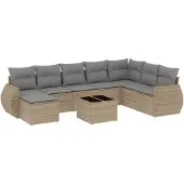 vidaXL 9-tlg. Garten-Sofagarnitur mit Kissen Beige Poly Rattan