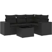 vidaXL 5-tlg. Garten-Sofagarnitur mit Kissen Schwarz Poly Rattan