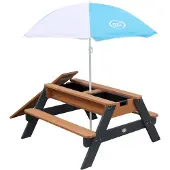 Axi Nick Kinder Sand & Wasser Picknicktisch aus Holz | Wasserspieltisch & Sandtisch mit Deckel und Behältern | Kindertisch / Matschtisch in Grau & Braun mit Sonnenschirm für den Garten