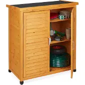 Relaxdays Gartenschrank, 3 Fächer, Flachdach mit Neigung, Doppeltür, HBT: 97 x 86,5 x 47 cm, Werkzeugschrank Holz, natur