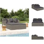 vidaXL Sonnenliege mit Kissen Grau 182x118x63 cm Poly Rattan - Gartenbetten