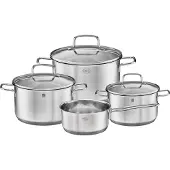 Rösle Basic Line Topf-Set, Edelstahl 18/10, 3 Universaltöpfe mit Schüttrand und Glasdeckel, 1 Stielkasserolle, spülmaschinen- und induktionsgeeignet