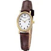 Regent Damen Armbanduhr F-1306 Edelstahl gold IP mit Lederband braun