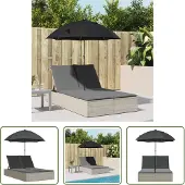 The Living Store Doppel-Sonnenliege mit Kissen & Schirm Hellgrau Poly Rattan