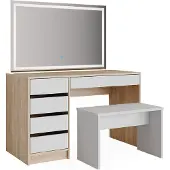 Vicco Schminktisch Sherry Weiß/Sonoma 120 cm mit LED Spiegel und Hocker, Model 36906