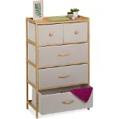 Relaxdays Kommode, Bambus, 5 Stoffschubladen, Flur, Schlafzimmer, HBT 94 x 58 x 32,5 cm, Schubladenschrank, natur/beige