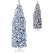 Costway 180cm Künstlicher Weihnachtsbaum Bleistift, LED beleuchteter Tannenbaum mit 250 kaltweißen LEDs, schlanker Christbaum Weihnachten, Kunstbaum mit Metallständer, Weiß+Schwarz