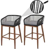 Mendler 2er-Set Rope-Barhocker MCW-O22, Outdoor Sitzpolster Seilgeflecht Metall Holz-Optik anthrazit, Kissen hellgrau
