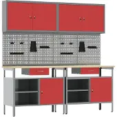 vidaXL Werkbank-Set 8 pcs Rot und Grau Pulverbeschichteter Stahl