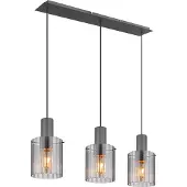 Globo Lighting Hängeleuchte Metall grau dunkel, Glas rauchfarben, Kabel Textil schwarz, Höhe kürzbar, Gläser mit Rillen, LxBxH: 980x180x1200mm, exkl. 3x E27 40W 230V