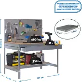 Simon Rack PROREGAL Werkbank BUFFALO mit Werkzeugwand und Schubfach | HxBxT 84x150x61cm | Traglast 600kg | Verzinkt