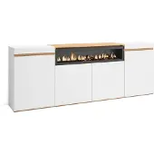 Skraut Home Sideboard, Highboard, 200x35x75cm, 4 Türen, Elektrokamin, Weiß und Eiche Soft