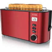 Arendo Toaster 4 Scheiben, Langschlitz, Edelstahl, 1500W, Display mit Restzeitanzeige, Brötchenaufsatz, Auftaufunktion, Wärmeisolierendes Gehäuse, rot