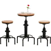 Mendler Set Bartisch + 2x Barhocker MCW-N23, Barstuhl Stehtisch höhenverstellbar drehbar Fußablage Industrial Eisen Holz natur