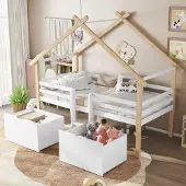 MODFU Halbhohes Bett，90x200cm，Kinderbett，Hausbett Design，mit Dach&Treppe&Schließfächer，ohne Matratze，Weiß+Natur