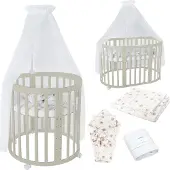 Waldin Mobiles Babybett OWAL aus Holz 7in1 mit Matratze, mitwachsend,Stoffe Weiß Löwenzahn,Holz olive