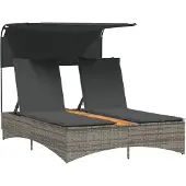 vidaXL Doppel-Sonnenliege mit Dach und Auflagen Grau Poly Rattan