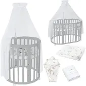 Waldin Mobiles Babybett OWAL aus Holz 7in1 mit Matratze, mitwachsend,Stoffe Weiß Zweige,Holz grau